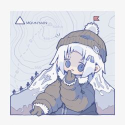Rule 34 | 1girl, 5others, :3, ambiguous gender, beanie, blue eyes, blush, border, brown gloves, brown hat, brown jacket, commentary request, down jacket, elevation contour lines, finger to mouth, flag, gloves, grey hair, hair ornament, hairclip, hat, highres, hikimayu, index finger raised, jacket, long hair, long sleeves, looking at another, map background, mountain, mountain climbing, multicolored hair, multiple others, nikamoka, no sclera, notice lines, open mouth, original, personification, pom pom (clothes), pom pom beanie, ringed eyes, silhouette, topographic map, upper body, white border, white hair