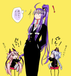 Rule 34 | 1boy, 2others, ahoge, asaiasa0, black shirt, black skirt, black suit, blue eyes, blue hair, braid, chibi, commentary, formal, hair flaps, hands in pockets, horns, kamui gakupo, leaning back, long hair, looking at another, looking up, meika hime, meika mikoto, multiple others, pink eyes, pink hair, ponytail, purple hair, shirt, sidelocks, sitting, skirt, standing, stool, suit, thighhighs, translated, twintails, very long hair, vocaloid, yellow background