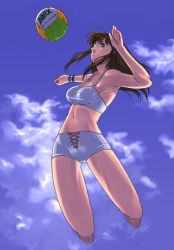 Rule 34 | 1girl, :t, armpits, ball, barefoot, bikini, blue eyes, breasts, brown hair, day, dead or alive, feet, full body, g-room honten, hitomi (doa), jumping, long hair, navel, outdoors, shorts, solo, swimsuit, tecmo, toes, volleyball, volleyball (object), wristband