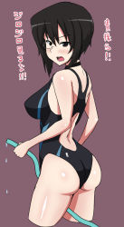 Rule 34 | 10s, 1girl, ass, black hair, black one-piece swimsuit, blush, breasts, brown eyes, cowboy shot, girls und panzer, glasses, grey background, kawashima momo, large breasts, mordeth, one-piece swimsuit, open mouth, simple background, solo, standing, swimsuit