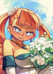 Rule 34 | 1girl, aq interactive, arcana heart, atlus, blonde hair, blue eyes, bouquet, breasts, bride, detached sleeves, drill hair, earrings, elbow gloves, examu, flower, gloves, hair ornament, happy, jewelry, large breasts, necklace, petra johanna lagerkvist, smile, solo, tears, twin drills, twintails, woofycakes