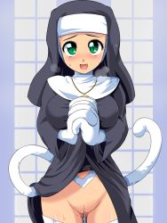Rule 34 | 1girl, animal hands, blush, breasts, breath, capcom, cat tail, cleft of venus, clothes lift, cowboy shot, dress, dress lift, fang, felicia (vampire), fur, gluteal fold, green eyes, habit, highres, jewelry, konpeto, large breasts, necklace, nun, official alternate costume, open mouth, own hands clasped, own hands together, pendant, pussy, pussy juice, pussy juice trail, solo, sweat, tail, uncensored, vampire (game)