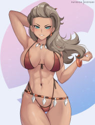 Rule 34 | 1girl, abs, absurdres, aqua eyes, areola slip, arm up, armpits, bare arms, bare shoulders, bikini, blush, bracelet, breasts, cleavage, commentary, cowboy shot, creatures (company), earrings, english commentary, game freak, grey hair, hand up, highres, hioyami, jewelry, large breasts, long hair, looking at viewer, nintendo, parted lips, patreon username, pokemon, pokemon sv, red bikini, sada (pokemon), sleeveless, smile, solo, swimsuit