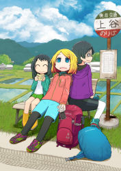 Rule 34 | 3girls, ^ ^, backpack, bag, bench, black hair, black legwear, blonde hair, blue eyes, boots, bread, brown eyes, building, bus stop, cellphone, closed eyes, cloud, commentary request, day, eating, empty eyes, closed eyes, flip phone, food, girl sandwich, grass, hair ornament, hairclip, highres, hood, hooded jacket, jacket, kamonari ahiru, pantyhose under shorts, melon bread, mountain, multiple girls, open mouth, original, pantyhose, pantyhose under shorts, phone, rice paddy, road, rust, sandwiched, scenery, shaded face, shoes, short hair, shorts, sign, sitting, smile, sneakers, tired, tree, triforce