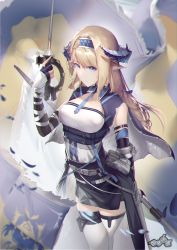 Rule 34 | 1girl, absurdres, arknights, bare shoulders, black gloves, black skirt, blonde hair, blue eyes, blue hairband, blue necktie, breasts, chinese commentary, commentary request, cowboy shot, dan shuimo yin, elbow gloves, gloves, hairband, hand up, highres, holding, holding sword, holding weapon, horns, long hair, looking at viewer, medium breasts, miniskirt, necktie, pointy ears, rapier, saileach (arknights), skirt, solo, standing, sword, thighhighs, weapon, white thighhighs, zettai ryouiki