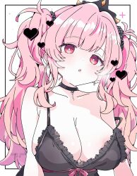 1girl :o asami-chan bite_mark bite_mark_on_breast black_choker black_crown black_nightgown black_scrunchie blush breasts choker cleavage collarbone commentary crown earrings hair_ornament hair_scrunchie heart heavy_breathing highres hololive hololive_english huge_breasts jewelry long_hair mori_calliope mori_calliope_(sleepwear) nightgown open_mouth pink_eyes pink_hair pink_ribbon polka_dot polka_dot_scrunchie ribbon scrunchie skull_choker solo sweat twintails virtual_youtuber white_background