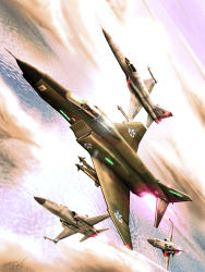 Rule 34 | ace combat, ace combat 5, afterburner, aircraft, airplane, cloud, contrail, dutch angle, f-4 phantom ii, f-5, fighter jet, flying, highres, jet, military, military vehicle, missile, no humans, ocean, pilot, realistic, signature, sky, sun, vehicle focus, zephyr164
