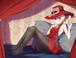 Rule 34 | alcohol, artist name, arusuko, backless dress, backless outfit, bare shoulders, black pantyhose, blonde hair, blush, breasts, champagne, champagne flute, commentary, cup, dress, drinking glass, green ribbon, hair between eyes, hair ribbon, hat, highres, jewelry, looking at viewer, lycoris recoil, medium breasts, necklace, nishikigi chisato, pantyhose, pillow, red curtains, red dress, red eyes, red hat, ribbon, shadow, short dress, short hair, sideboob, sidelocks, sitting, smile
