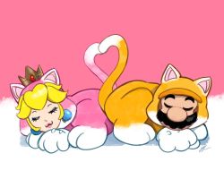 Rule 34 | 1boy, 1girl, :3, animal costume, animal ears, animal hands, arm grab, big nose, blonde hair, blush, brown footwear, brown hair, cat costume, cat ears, cat tail, closed eyes, closed mouth, couple, crown, earrings, eightyfourx, eyelashes, eyeliner, facial hair, facing viewer, gloves, heart, jewelry, lips, makeup, mario, mario (series), motion lines, mustache, nintendo, nose, paw gloves, pink background, pink lips, princess peach, shadow, shoes, sleeping, smile, super mario 3d world, tail, thick eyebrows, white background, white gloves