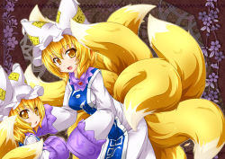 Rule 34 | 2girls, animal ears, animal hat, blonde hair, dress, fox ears, fox tail, hat, hat with ears, kazami karasu, long sleeves, looking at viewer, mob cap, mother and daughter, multiple girls, multiple tails, open mouth, mob cap, smile, tabard, tail, touhou, white dress, wide sleeves, yakumo ran, yellow eyes