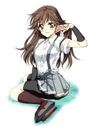 Rule 34 | 10s, 1girl, :d, arashio (kancolle), bike shorts, blush, brown eyes, brown hair, brown socks, highres, kantai collection, kneehighs, long hair, looking at viewer, open mouth, personification, pleated skirt, skirt, smile, socks, solo, tamiya akito, white background