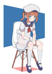 Rule 34 | 1girl, absurdres, bad id, bad pixiv id, blue background, blue footwear, blunt bangs, blush, bow, brown hair, chair, closed mouth, collarbone, dress, full body, green eyes, highres, kneehighs, long hair, mary janes, neckerchief, original, red neckerchief, sailor dress, shoes, short sleeves, side ponytail, sidelocks, sitting, socks, solo, surio, two-tone background, white background, white bow, white dress, white socks