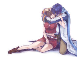 Rule 34 | 1boy, 1girl, belt, blue hair, blue scarf, breasts, brown hair, comforting, couple, hand on another&#039;s head, hetero, hug, hug from behind, kaito (vocaloid), large breasts, meiko (vocaloid), scarf, short hair, skirt, smile, suzunosuke (sagula), tears, vocaloid