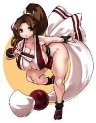 Rule 34 | 1girl, armor, bent over, black legwear, bow, breasts, brown eyes, brown hair, cleavage, commentary, english commentary, fatal fury, female focus, folded fan, folding fan, full body, hair ornament, hand fan, high ponytail, highres, huge breasts, japanese armor, kote, leaning forward, long hair, looking at viewer, matching hair/eyes, mole, narrow waist, ninja, nintendo, no bra, no nose, no panties, parted bangs, parted lips, pelvic curtain, ponytail, revealing clothes, running, sash, shiranui mai, sideboob, sleeveless, solo, super smash bros., tabi, the king of fighters, thighs, white bow, zanamaoria