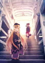 Rule 34 | 2girls, abigail williams (fate), animal print, backlighting, black bow, black headwear, black kimono, blonde hair, blue eyes, blush, bow, breasts, butterfly print, fate/grand order, fate (series), flower, forehead, hair bow, hair flower, hair ornament, hairpin, hat, highres, japanese clothes, katsushika hokusai (fate), kimono, long hair, long sleeves, looking at viewer, mocha (snowflake), multiple bows, multiple girls, obi, octopus, open mouth, orange bow, parted bangs, polka dot, polka dot bow, purple eyes, purple kimono, sandals, sash, short hair, smile, socks, stairs, swept bangs, tokitarou (fate), very long hair, wide sleeves