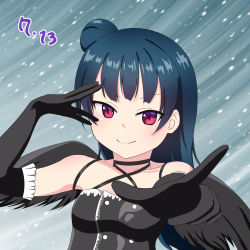 Rule 34 | 1girl, artist name, artist request, bare shoulders, black bow, black dress, black gloves, black thighhighs, black wings, blue hair, blush, bow, breasts, buttons, cleavage, collarbone, cross-laced clothes, cross-laced dress, dress, elbow gloves, female focus, frilled dress, frills, gloves, hair bun, highres, long hair, looking at viewer, love live!, love live! school idol festival, love live! sunshine!!, medium breasts, bowtie, parted lips, pointing, pointing at viewer, purple eyes, single hair bun, smile, snowing, solo, thighhighs, tsushima yoshiko, wings, zarashi896