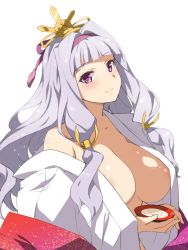 Rule 34 | 1girl, areola slip, blunt bangs, blush, breasts, cleavage, closed mouth, cup, hair intakes, hairband, head tilt, hinamatsuri, idolmaster, idolmaster (classic), inue shinsuke, large breasts, light purple hair, long hair, looking at viewer, off shoulder, open clothes, purple eyes, sakazuki, shijou takane, simple background, solo, upper body, white background