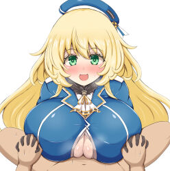 Rule 34 | 1boy, 1girl, ascot, atago (kancolle), beret, black gloves, blonde hair, blue headwear, blush, breasts, gloves, green eyes, hat, highres, holding hands, kantai collection, kyu horn, large breasts, long hair, looking at viewer, military uniform, open mouth, paizuri, paizuri under clothes, pov, solo focus, textless version, uniform