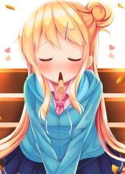 Rule 34 | 1girl, bench, between legs, black thighhighs, blue hoodie, blue skirt, blush, breasts, checkered clothes, checkered neckwear, closed mouth, collared shirt, commentary request, food, hair between eyes, hair bun, hair ornament, hand between legs, highres, hood, hoodie, incoming pocky kiss, kin-iro mosaic, kujou karen, leaf, long hair, looking at viewer, medium breasts, minato ojitan, pink eyes, pink shirt, pleated skirt, pocky day, shirt, single hair bun, single side bun, sitting, skirt, sleeves past wrists, smile, solo, thighhighs, v arms, very long hair, white background, wing collar, x hair ornament
