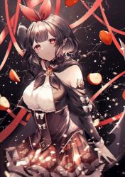 Rule 34 | 1girl, apple, black hair, closed mouth, corset, detached sleeves, food, frown, fruit, hair ornament, lace, long sleeves, noyu (noyu23386566), original, pointy ears, red eyes, ribbon, skirt, sleeve cuffs, solo, white ribbon, x hair ornament
