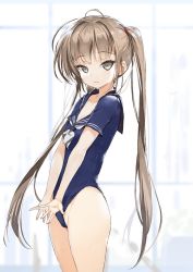 Rule 34 | 1girl, :3, ahoge, blue leotard, blush, breasts, brown hair, closed mouth, collarbone, cowboy shot, grey eyes, indoors, leotard, long hair, looking at viewer, nauribon, original, sailor collar, small breasts, smile, solo, thighs, tsurime, twintails, very long hair, window
