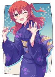 Rule 34 | 1girl, ;d, bad hands, blue kimono, bocchi the rock!, e20, green eyes, hair between eyes, hands up, highres, japanese clothes, kimono, kita ikuyo, long hair, long sleeves, looking at viewer, obi, one eye closed, one side up, open mouth, outline, red hair, sash, smile, solo, white outline, wide sleeves