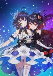 Rule 34 | 2girls, ahoge, arm cuffs, asymmetrical gloves, bare shoulders, black flower, black hair, blue eyes, blue hair, blush, chain, commentary request, dress, dress flower, flower, gloves, highres, honkai (series), honkai impact 3rd, hug, keyhole, looking at viewer, multicolored clothes, multicolored dress, multicolored hair, multiple girls, red eyes, red hair, s.rain, seele (alter ego), seele vollerei, seele vollerei (stygian nymph), smile, two-tone hair, uneven gloves, white flower, white gloves, white legwear