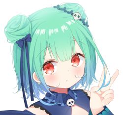 Rule 34 | 1girl, bare shoulders, blue bow, blue dress, blue hair, blush, bow, closed mouth, commentary request, deyui, double bun, dress, earrings, gradient hair, green hair, hair bow, hair bun, hair ornament, hand up, highres, hololive, jewelry, long sleeves, looking at viewer, multicolored hair, red eyes, simple background, skull earrings, skull hair ornament, sleeveless, sleeveless dress, solo, upper body, uruha rushia, uruha rushia (1st costume), v, virtual youtuber, white background