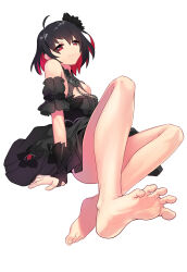 Rule 34 | 1girl, ahoge, arka91, arm support, armpit crease, bare shoulders, barefoot, black dress, black flower, black hair, breasts, chain, closed mouth, colored inner hair, commentary request, convenient leg, detached sleeves, dress, eyelashes, feet, flower, foot focus, foreshortening, full body, hair flower, hair ornament, highres, honkai (series), honkai impact 3rd, knees up, korean commentary, legs, medium breasts, medium hair, multicolored hair, red eyes, red hair, seele vollerei, short sleeves, simple background, soles, solo, spread toes, toenails, toes, two-tone hair, white background