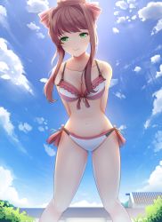 Rule 34 | 1girl, alternate hair length, alternate hairstyle, arms behind back, backlighting, bikini, blue sky, bow, breasts, cleavage, closed mouth, cloud, collarbone, day, doki doki literature club, feet out of frame, from below, front-tie bikini top, front-tie top, green eyes, hair bow, hair intakes, highres, house, leaning forward, legs apart, medium breasts, mismatched bikini, monika (doki doki literature club), navel, outdoors, pink bikini, pink bow, pink ribbon, ribbon, short hair with long locks, side-tie bikini bottom, sidelocks, sky, smile, solo, standing, stomach, sunlight, swimsuit, tsukimaru, white bikini