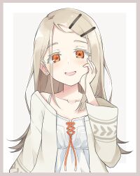 Rule 34 | 1girl, camisole, collarbone, earrings, gakuen idolmaster, grey hair, hair ornament, hairclip, hand on own cheek, hand on own face, idolmaster, jacket, jewelry, kotaka, long hair, looking at viewer, open clothes, open jacket, open mouth, orange eyes, shinosawa hiro, smile, solo, stud earrings, upper body, white camisole