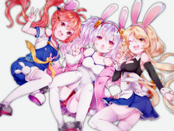Rule 34 | 3girls, animal ears, azur lane, bad id, bad pixiv id, bailey (azur lane), bare shoulders, benson (azur lane), blonde hair, breasts, carrot hair ornament, cleavage, cleavage cutout, clothing cutout, commentary request, fake animal ears, food-themed hair ornament, hair ornament, hair scrunchie, headband, highres, laffey (azur lane), looking at viewer, low twintails, lying, multiple girls, on back, one eye closed, open mouth, overall shorts, overalls, panties, pleated skirt, rabbit ears, red eyes, red hair, scrunchie, side ponytail, silver hair, simple background, skirt, small breasts, striped clothes, striped panties, suspenders, thighhighs, twintails, underwear, v, white background, white legwear, yaekn, yellow eyes