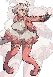 1girl black_gloves blue_eyes breasts cropped_jacket dress elphelt_valentine fingerless_gloves full_body gloves grey_hair guilty_gear guilty_gear_strive itsuka_neru jacket large_breasts pink_jacket short_hair sideboob simple_background white_background white_dress zoom_layer