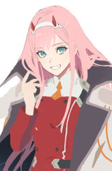 Rule 34 | 1girl, coat, darling in the franxx, double-breasted, green eyes, grin, hairband, hand up, highres, horns, jacket, long hair, looking at viewer, short necktie, open clothes, open coat, pink hair, red jacket, red pupils, sankomichi, simple background, smile, solo, upper body, white background, zero two (darling in the franxx)
