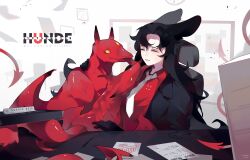 Rule 34 | 1girl, absurdres, animal ears, artist name, black gloves, black hair, black jacket, chair, closed eyes, collared shirt, crrn, demon, desk, flying paper, german commentary, german text, gloves, grin, hands up, highres, indoors, jacket, long hair, long sleeves, monster, necktie, office, office chair, old, old woman, original, paper, pet, petting, rabbit ears, rabbit girl, red shirt, shirt, sitting, smile, solo, swivel chair, translation request, upper body, white necktie
