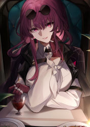 Rule 34 | 1girl, absurdres, breasts, coat, cup, drinking glass, eyebrows hidden by hair, formal, gloves, guzangnanfeng, hair between eyes, highres, honkai: star rail, honkai (series), jewelry, kafka (honkai: star rail), long hair, looking at viewer, necktie, open mouth, red eyes, red gloves, red hair, restaurant, ring, smile, solo, suit, table, upper body, wine glass