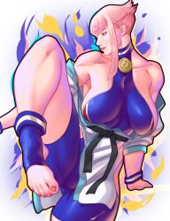 Rule 34 | 1girl, belt, black belt, blue bodysuit, blue eyes, blue socks, bodysuit, breasts, collarbone, commentary, croissama, dougi, english commentary, feet, from side, highres, imminent kick, impossible bodysuit, impossible clothes, large breasts, lips, manon legrand, martial arts belt, nail polish, off shoulder, pink hair, red nails, short hair with long locks, sideboob, socks, solo, standing, standing on one leg, street fighter, street fighter 6, thick thighs, thighs, toeless legwear, toenail polish, toenails, toes, wristband