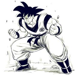 Rule 34 | 1boy, clenched hands, clenched teeth, dougi, dragon ball, dragonball z, fighting stance, full body, greyscale, highres, male focus, monochrome, muscular, pectorals, rock, serious, solo, son goku, spacezin, teeth, wristband