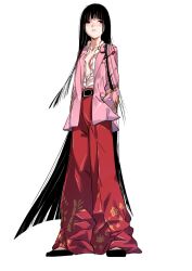 Rule 34 | 1girl, asuzemu, belt, black hair, blush, breasts, expressionless, full body, hands in pockets, houraisan kaguya, jacket, long hair, pants, pink jacket, red eyes, red pants, shirt, simple background, small breasts, solo, touhou, unbuttoned, unbuttoned shirt, very long hair, white background, white shirt