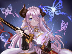 Rule 34 | 1girl, arm up, black gloves, blue eyes, braid, braided ponytail, breasts, bug, butterfly, commentary, demon horns, dress, expressionless, fingerless gloves, fingernails, french braid, glint, gloves, granblue fantasy, hair ornament, hair over one eye, hair ribbon, hairclip, hand on hilt, horns, insect, katana, large breasts, light purple hair, long hair, looking at viewer, naonaoko, narmaya (granblue fantasy), pointy ears, ribbon, scabbard, sheath, sky, sleeveless, sleeveless dress, solo, star (sky), starry sky, sword, tress ribbon, unsheathing, very long hair, weapon