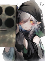 Rule 34 | 1girl, ?, ??, absurdres, arknights, cannon, detached sleeves, hair between eyes, hair over one eye, highres, holding, holding cannon, holding rocket launcher, holding weapon, hood, looking at viewer, m202 flash, medium hair, multishot rocket launcher, pointy ears, rocket launcher, simple background, solo, tab head, tomimi (arknights), upper body, weapon, white background, white hair, yellow eyes