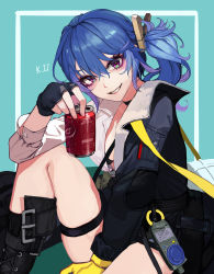 Rule 34 | 1girl, absurdres, bag, between legs, blue background, blue hair, blush, boots, bra, can, character name, choker, clothes pin, cola, drink can, fingerless gloves, girls&#039; frontline, gloves, hair ornament, hand between legs, highres, holding, holding can, jacket, jacket on shoulders, k11 (girls&#039; frontline), long eyelashes, looking at viewer, multicolored eyes, multicolored hair, nail polish, pink nails, purple eyes, purple hair, shirt, shoulder bag, side ponytail, simple background, smile, soda can, solo, thigh strap, thighs, tunamayo (dsasd751), two-tone hair, underwear