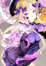 Rule 34 | 119, 1girl, abigail williams (fate), arm up, black hat, blonde hair, blue eyes, bow, bug, butterfly, closed mouth, commentary request, dress, fate/grand order, fate (series), fingernails, hair bow, hands in opposite sleeves, hat, highres, hugging object, insect, long hair, long sleeves, looking at viewer, orange bow, parted bangs, polka dot, polka dot bow, purple bow, purple dress, solo, stuffed animal, stuffed toy, suction cups, teddy bear, tentacles, very long hair