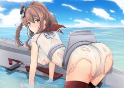 Rule 34 | 10s, 1girl, all fours, ass, blue eyes, breasts, brown hair, burnt clothes, cloud, cloudy sky, day, dress, flight deck, from behind, hair ribbon, hanging breasts, highres, impossible clothes, isane, kantai collection, large breasts, looking at viewer, partially submerged, ponytail, pussy, red thighhighs, ribbon, saratoga (kancolle), see-through, short sleeves, side ponytail, sky, smokestack, solo, thighhighs, thighs, torn clothes, water, white dress