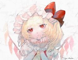 Rule 34 | 1girl, artist name, blonde hair, commentary, commentary request, flandre scarlet, frown, hand on own chin, hat, hat ribbon, head tilt, looking at viewer, mob cap, mochacot, one side up, pout, puffy short sleeves, puffy sleeves, red eyes, red vest, ribbon, shirt, short hair, short sleeves, solo, symbol-only commentary, texture, touhou, upper body, vest, white background, white hat, white shirt, wings, wrist cuffs, yellow neckwear