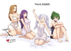 Rule 34 | 4girls, arrow (symbol), barefoot, bed, black nightgown, blue eyes, breasts, brown hair, cleavage, closed eyes, collarbone, commentary, elf, english commentary, feet, fern (sousou no frieren), frieren, green hair, jk arts, kneeling, large breasts, long hair, medium hair, methode (sousou no frieren), multiple girls, nightgown, pointy ears, purple eyes, purple hair, signature, sleepwear, smile, sousou no frieren, stretching, toenails, toes, twintails, ubel (sousou no frieren), white hair, white nightgown