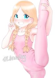 Rule 34 | 1girl, blonde hair, blue eyes, blush, borrowed character, braid, child, female focus, flat chest, grin, highres, linnea, looking at viewer, original, simple background, smile, solo, split, standing, standing on one leg, standing split, twin braids, unitard, white background, wysteriary