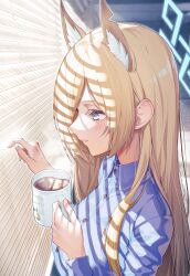 Rule 34 | 1girl, animal ear fluff, animal ears, blonde hair, blue archive, blue eyes, blue shirt, blush, coffee mug, commentary, cup, dog ears, extra ears, from side, halo, highres, holding, holding cup, indoors, kabu (niniko2ko), kanna (blue archive), long hair, mug, notched ear, office lady, parted lips, profile, shirt, solo, window shadow, window shutter