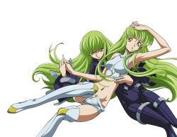 Rule 34 | 00s, 2girls, absurdres, armpits, bare shoulders, boots, c.c., code geass, dual persona, green hair, holding hands, highres, long hair, midriff, multiple girls, smirk, thigh boots, thighhighs, time paradox, transparent background, vector trace, white legwear, yellow eyes