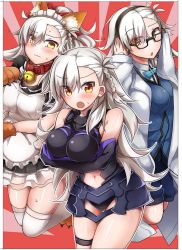 Rule 34 | 3girls, :o, alternate costume, animal ears, apron, arms up, artist request, bell, black-framed eyewear, blue bow, blush, bow, braid, breast hold, breasts, cable, cat ears, choker, claws, clothing cutout, cosplay, eyelashes, fate/grand order, fate (series), hairband, hans christian andersen (fate), hans christian andersen (fate) (cosplay), headphones, jacket, jingle bell, lab coat, long sleeves, looking at viewer, mash kyrielight, multiple girls, navel, navel cutout, ohitashi netsurou, olga marie animusphere, open clothes, open jacket, parted lips, shielder (fate/grand order) (cosplay), single braid, sweatdrop, tamamo (fate), tamamo cat (fate), tamamo cat (fate) (cosplay), tamamo cat (second ascension) (fate), tamamo no mae (fate/extra), thigh gap, thighhighs, wavy mouth, white legwear, zettai ryouiki